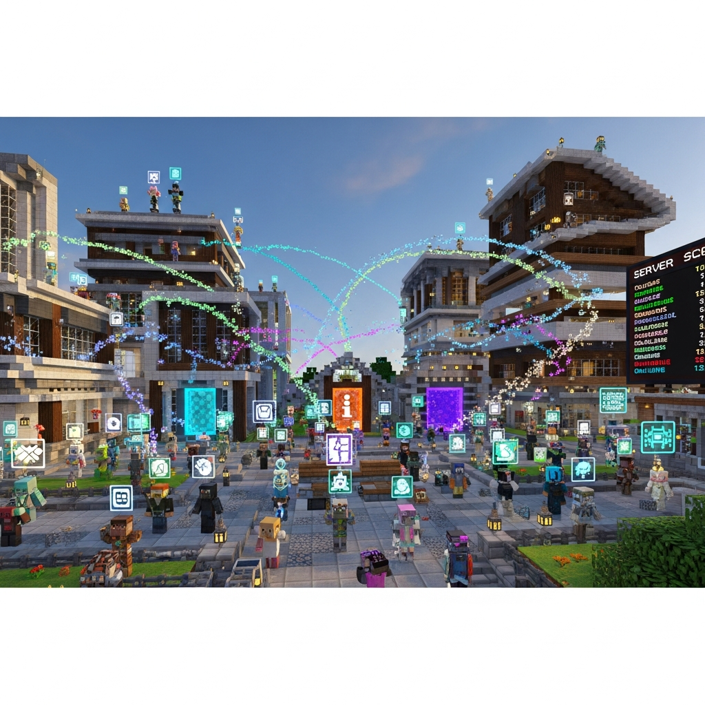 Minecraft-Screenshot eines beeindruckenden Spawn-Bereichs mit modernen Gebäuden, leuchtenden Hologrammen über NPC-Köpfen, bunten Partikeln und Server-Scoreboard am rechten Bildrand, viele Online-Spieler sichtbar, professionelle Texturenpack-Optik