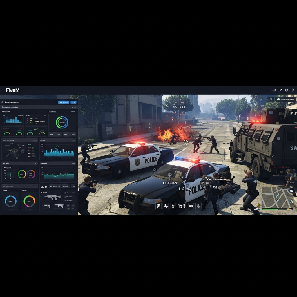 Moderner FiveM Roleplay-Server in Aktion, Dashboard mit Performance-Monitoring und Server-Statistiken, realistische Darstellung eines Polizei-Einsatzes in GTA V mit Custom-Fahrzeugen und Scripts, hochauflösende Ingame-Perspektive mit HUD-Elementen und Multiplayer-Interaktion
