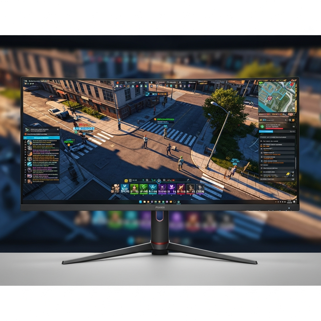 Moderner Gaming-PC-Monitor zeigt FiveM-Roleplay-Szene mit mehreren Spielern in detaillierter urbaner Umgebung, buntes Interface-Overlay, dynamische Beleuchtung, realistischer Screenshot-Look