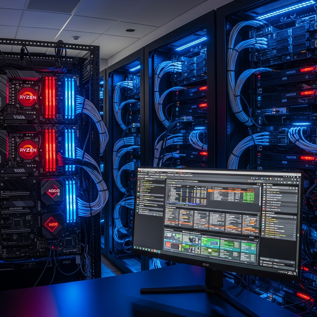Moderner Gaming-Server-Raum mit leuchtenden AMD Ryzen 9 Prozessoren auf schwarzen Mainboards, blau beleuchtete DDR5-RAM-Module, im Vordergrund ein Monitor mit Minecraft-Server-Verwaltungspanel, fotorealistisch, professionelle Serverumgebung
