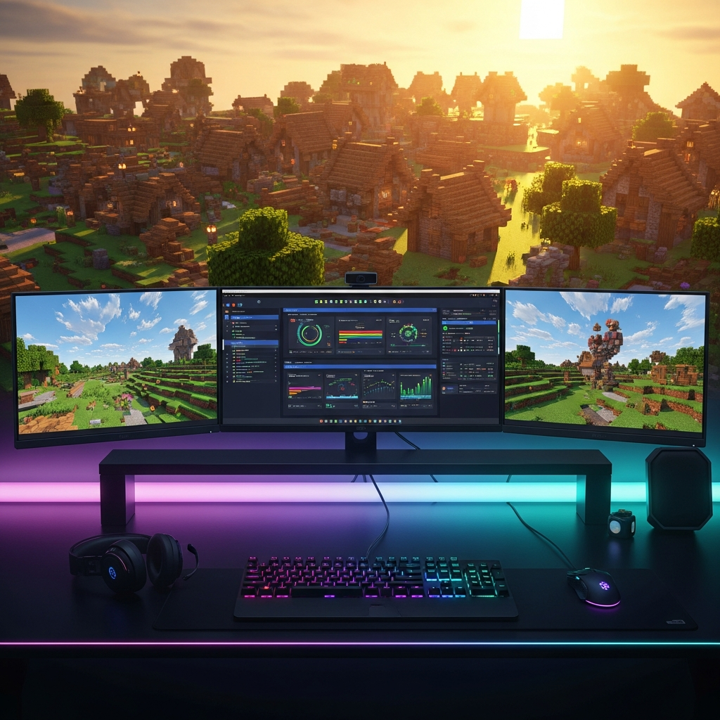 Moderner Gaming-Setup mit mehreren Monitoren, auf dem Hauptbildschirm ist das Minecraft-Server-Dashboard geöffnet, im Hintergrund sieht man ein vollgebautes Minecraft-Dorf bei Sonnenuntergang, fotorealistisch mit RGB-Beleuchtung und mechanischer Tastatur