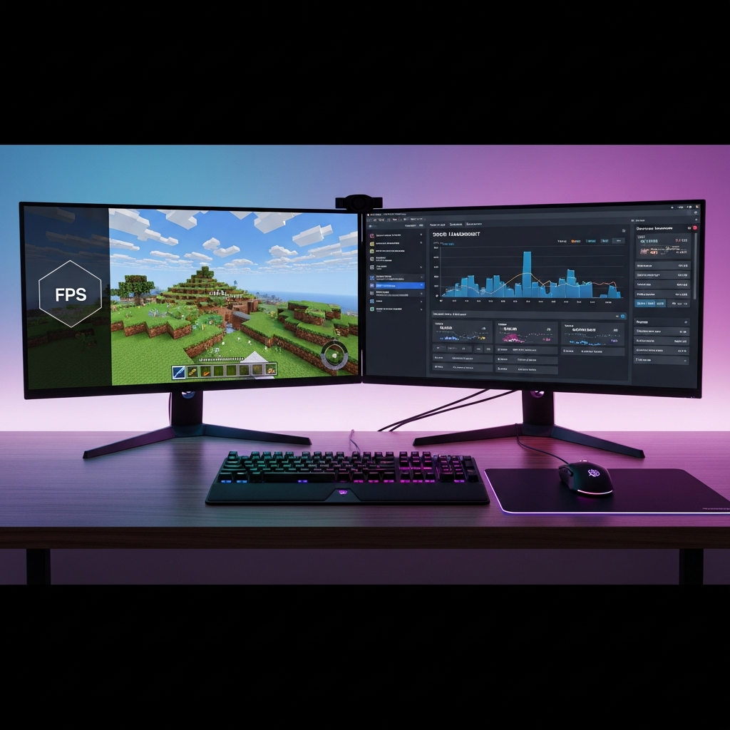 Moderner Gaming-Setup mit zwei Monitoren, auf einem läuft Minecraft mit flüssigem Gameplay und hoher FPS-Anzeige, auf dem anderen ein Server-Management-Panel mit Echtzeit-Grafiken zu TPS und RAM, mechanische RGB-Tastatur, professionelle Atmosphäre mit indirekter Beleuchtung