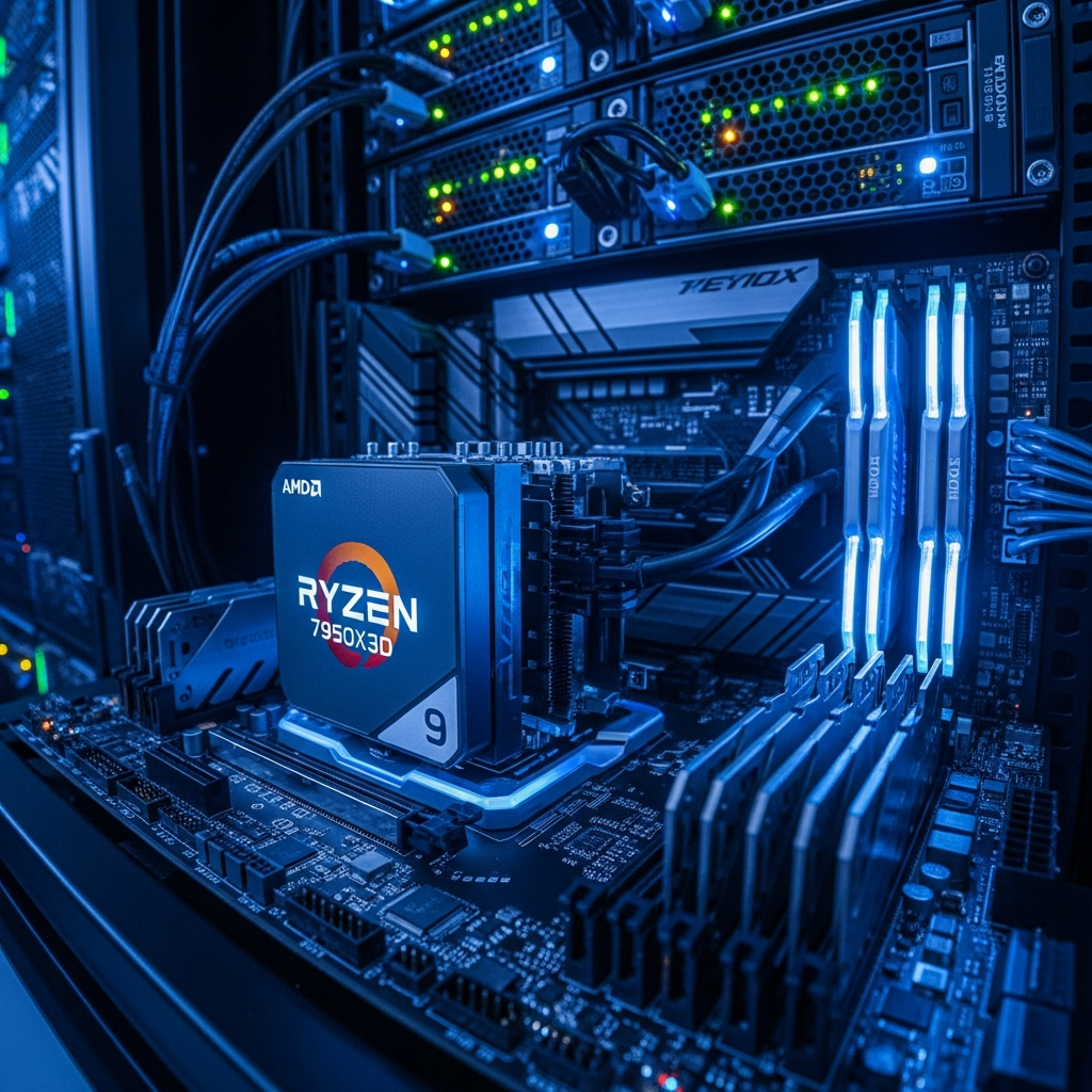 Moderner Server-Rack in einem professionellen Rechenzentrum, im Vordergrund ein leuchtender AMD Ryzen 9 7950X3D Prozessor auf einem Mainboard mit DDR5-RAM-Modulen, im Hintergrund Netzwerkkabel und blinkende LED-Statusanzeigen, fotorealistisch, Weitwinkel, kühle blaue Beleuchtung