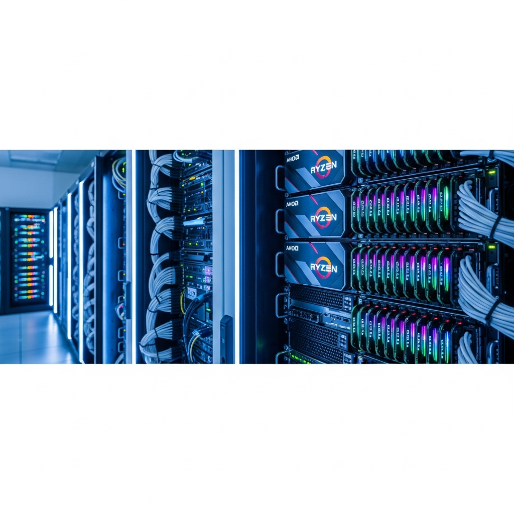 Moderner Serverraum mit Racks voller beleuchteter Hardware, AMD Ryzen Prozessoren mit RGB-Kühlung, DDR5 RAM-Module deutlich sichtbar, professionelle Kabelführung, blaue und weiße Lichtakzente, technische Atmosphäre, Detailaufnahme