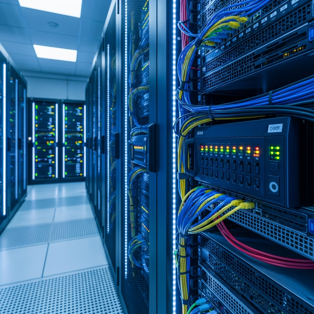 Moderner Serverraum mit Reihen von schwarzen Rack-Servern, blaue LED-Beleuchtung, Fokus auf einem einzelnen Server mit leuchtenden Status-LEDs und Netzwerkkabeln, professionelle Rechenzentrum-Atmosphäre, technisch und hochauflösend