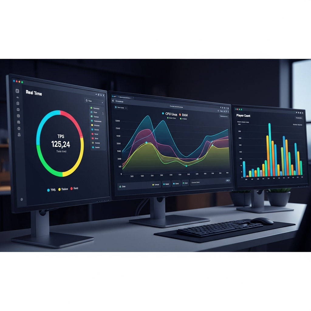 Modern web dashboard displaying Minecraft server performance metrics with colorful graphs showing CPU usage, RAM allocation, player count over time, and real-time TPS monitoring on multiple screens