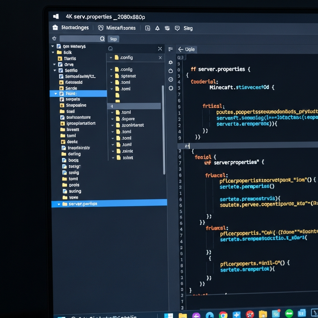 Nahaufnahme eines Code-Editors auf einem 4K-Monitor, der eine geöffnete Minecraft server.properties Datei und mehrere .toml Konfigurationsdateien im config-Ordner zeigt, mit Syntax-Highlighting in blau und orange, professionelle Entwicklerumgebung mit dunklem Theme