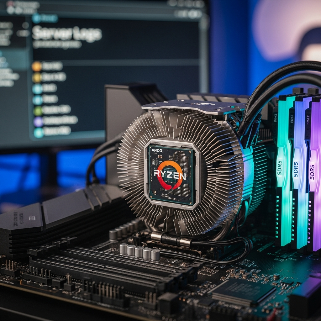 Nahaufnahme eines hochmodernen AMD Ryzen 9 Prozessors auf einem Mainboard mit DDR5-RAM-Modulen, RGB-Beleuchtung, sichtbaren Kühlrippen und im Hintergrund ein unscharfer Monitor mit FiveM-Server-Logs, Studio-Beleuchtung und technische Detailschärfe