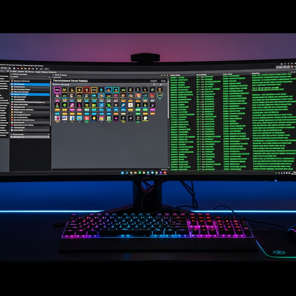 Nahaufnahme eines hochmodernen Computer-Bildschirms mit Minecraft Server-Panel Interface, sichtbare Plugin-Liste mit farbigen Status-Indikatoren, Konsolen-Output mit grünen Erfolgsmeldungen, ergonomischer Gaming-Arbeitsplatz mit mechanischer Tastatur und RGB-Beleuchtung