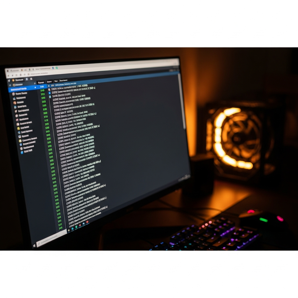 Nahaufnahme eines modernen Gaming-Monitors, der eine Minecraft-Serverkonsole mit scrollenden Log-Meldungen zeigt; im Hintergrund verschwommen eine Tastatur mit RGB-Beleuchtung und eine Maus; warmes Raumlicht, technische Details sichtbar, fotorealistisch