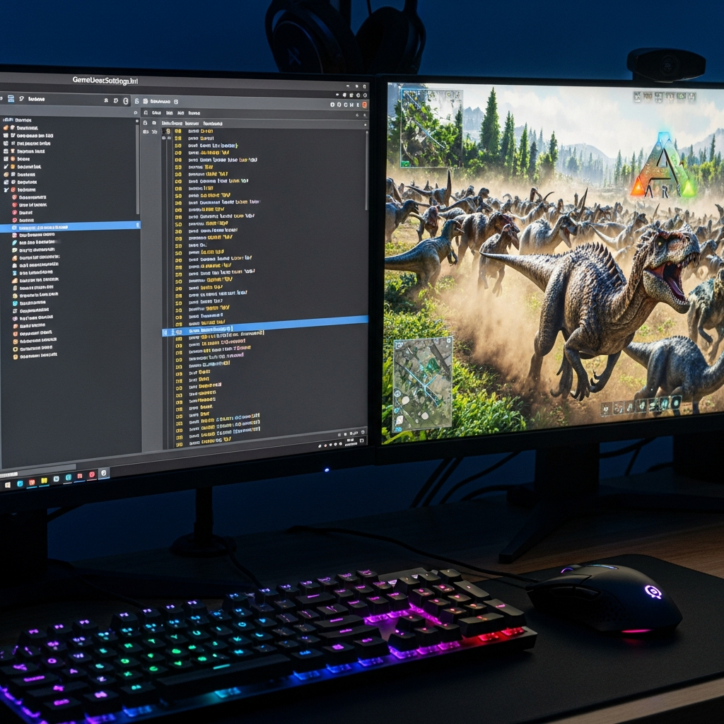 Nahaufnahme eines modernen Gaming-Setups mit zwei Monitoren, auf dem linken Bildschirm die geöffnete GameUserSettings.ini-Datei in einem Code-Editor, auf dem rechten Monitor ARK-Gameplay mit einer riesigen Dinosaurier-Herde, mechanische RGB-Tastatur im Vordergrund