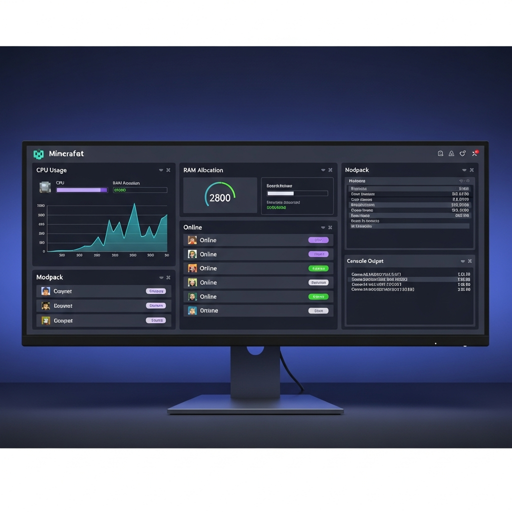 Nahaufnahme eines modernen Minecraft-Server-Panels auf einem Monitor, übersichtliches Dashboard mit CPU-Auslastung Grafik, RAM-Anzeige, Online-Spieler-Liste, Modpack-Verwaltung, Console-Output, modernes UI-Design, professionelle Admin-Umgebung