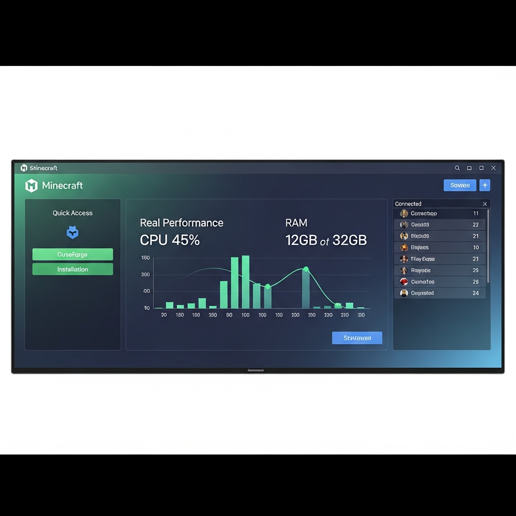 Panel de administración moderno de servidor Minecraft mostrando gráficas de rendimiento en tiempo real, con CPU al 45%, RAM utilizada de 12GB/32GB, lista de jugadores conectados y botones de acceso rápido a instalación de mods de CurseForge, fondo con interfaz limpia en tonos azules y verdes
