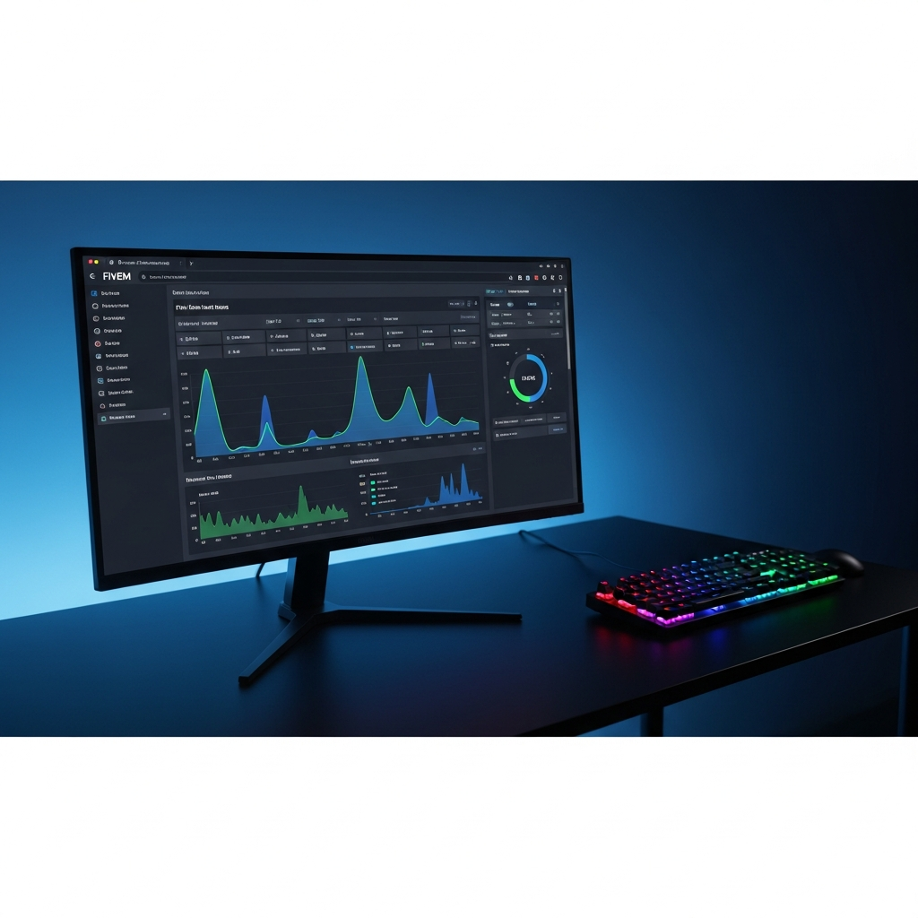 Panel de control moderno con interfaz web mostrando gráficas de uso de CPU, RAM y red de un servidor FiveM en tiempo real, diseño oscuro profesional, pantalla de monitor en escritorio con teclado gaming RGB de fondo