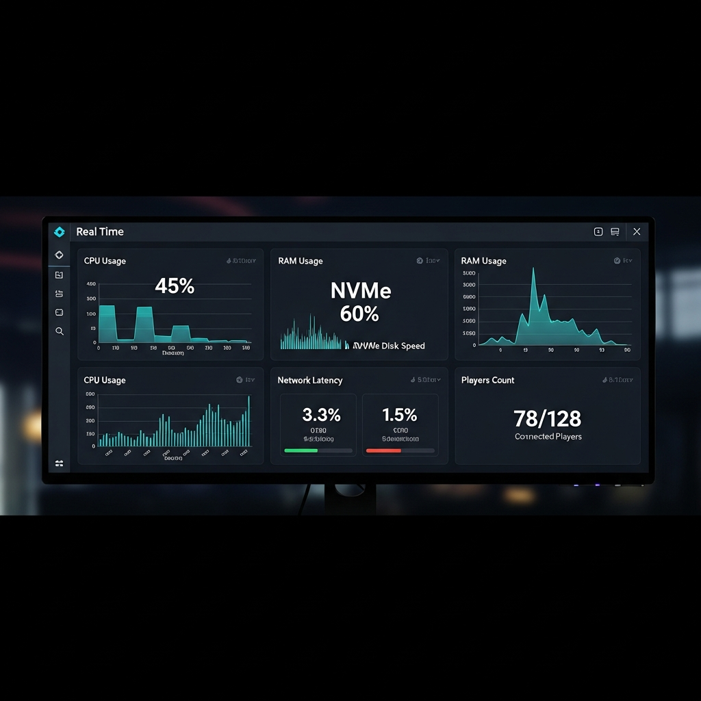 Panel de control moderno mostrando métricas en tiempo real de un servidor FiveM: gráficos de uso de CPU al 45%, RAM al 60%, velocidad de disco NVMe, latencia de red y número de jugadores conectados (78/128), con interfaz oscura profesional y estadísticas detalladas en pantalla