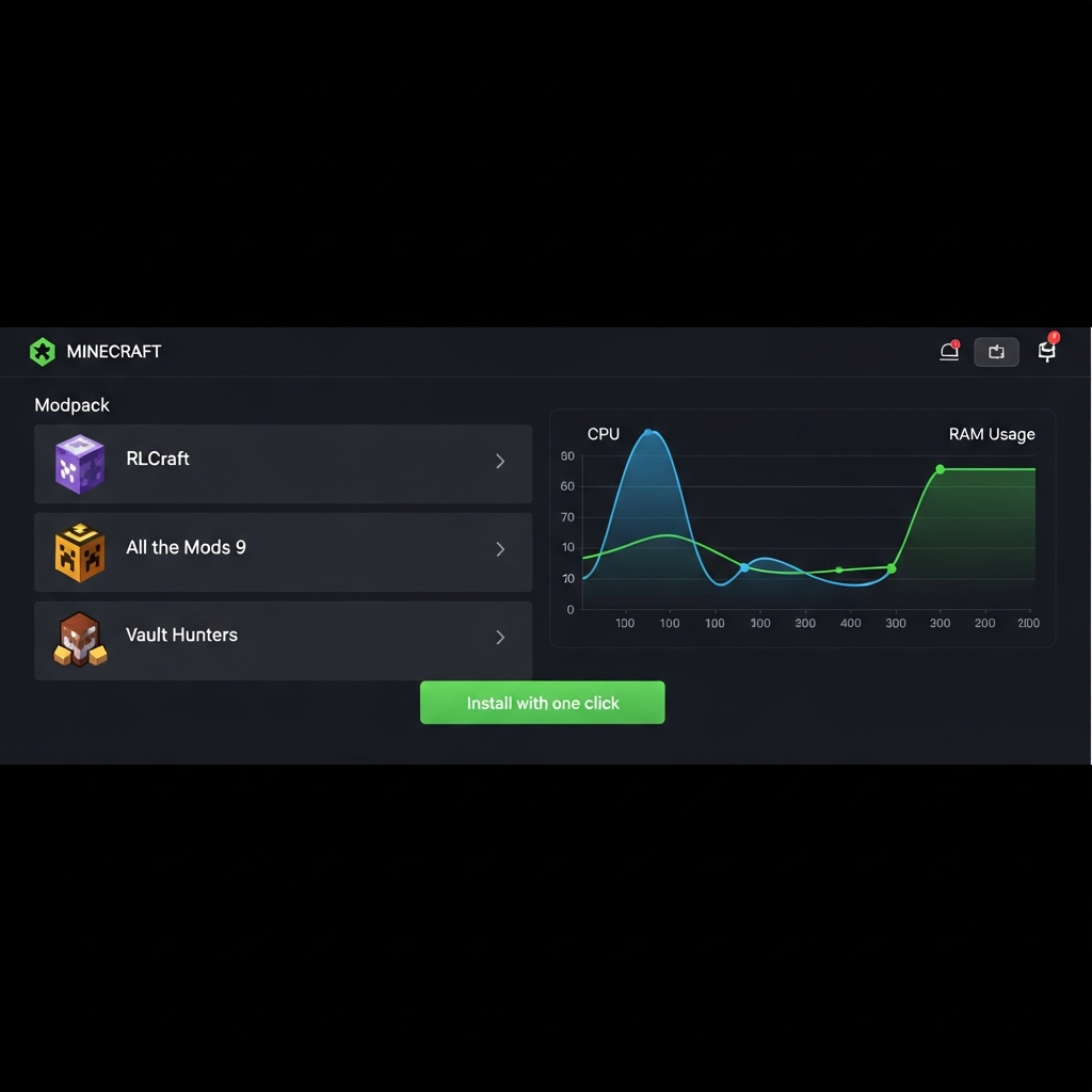 Panel de control web moderno con tema oscuro, lista de modpacks de Minecraft con iconos coloridos (RLCraft, All the Mods 9, Vault Hunters), botón verde "Instalar con un clic", gráficos de uso de CPU y RAM en tiempo real con líneas azules y verdes, interfaz fotorrealista estilo dashboard profesional