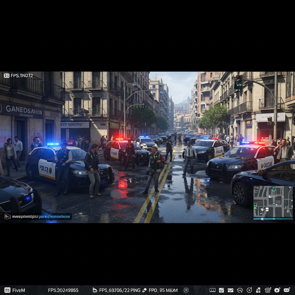Pantalla de juego FiveM mostrando servidor de roleplay español activo, múltiples jugadores interactuando en entorno urbano detallado, vehículos policiales y civiles, interfaz de usuario con indicadores de rendimiento, gráficos de alta calidad con iluminación realista