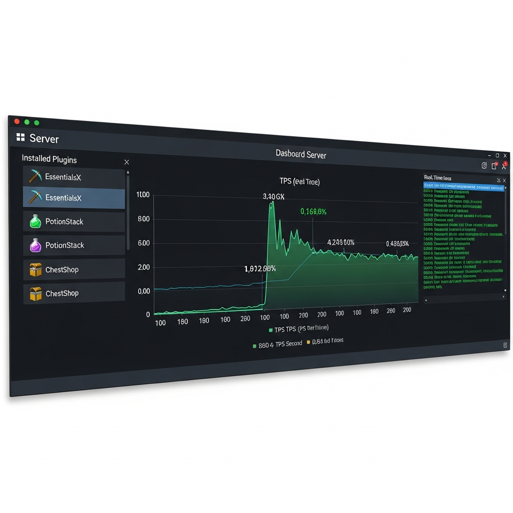 Pantalla de panel de control moderno mostrando dashboard de servidor Minecraft con gráficos de rendimiento TPS, lista de plugins instalados con iconos coloridos, consola de comandos en tiempo real con logs verdes, diseño interfaz dark mode profesional
