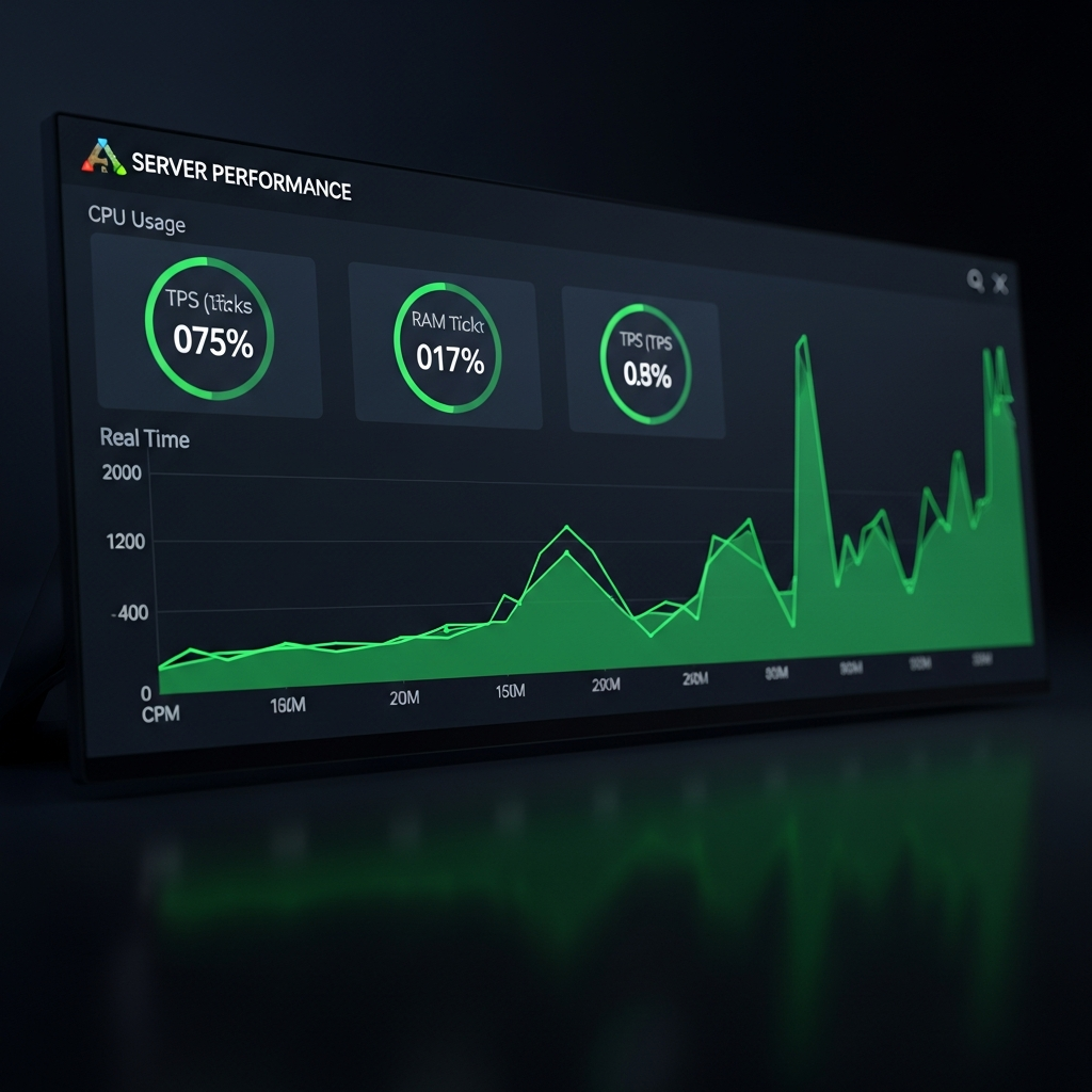 Pantalla de panel de control moderno mostrando gráficos de rendimiento de servidor ARK, con métricas de CPU, RAM y TPS en tiempo real, interfaz oscura tipo gaming, indicadores verdes de estado óptimo, diseño UI profesional