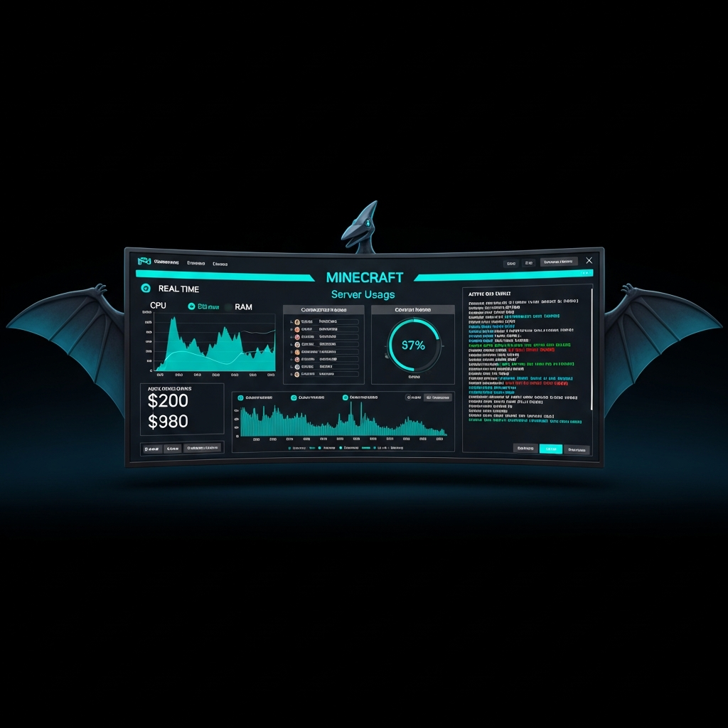 Pantalla de panel de control moderno tipo Pterodactyl mostrando métricas de servidor Minecraft en tiempo real, gráficos de uso de CPU y RAM, lista de jugadores conectados, consola de comandos activa con texto de logs, interfaz oscura profesional con detalles en colores cyan y verde