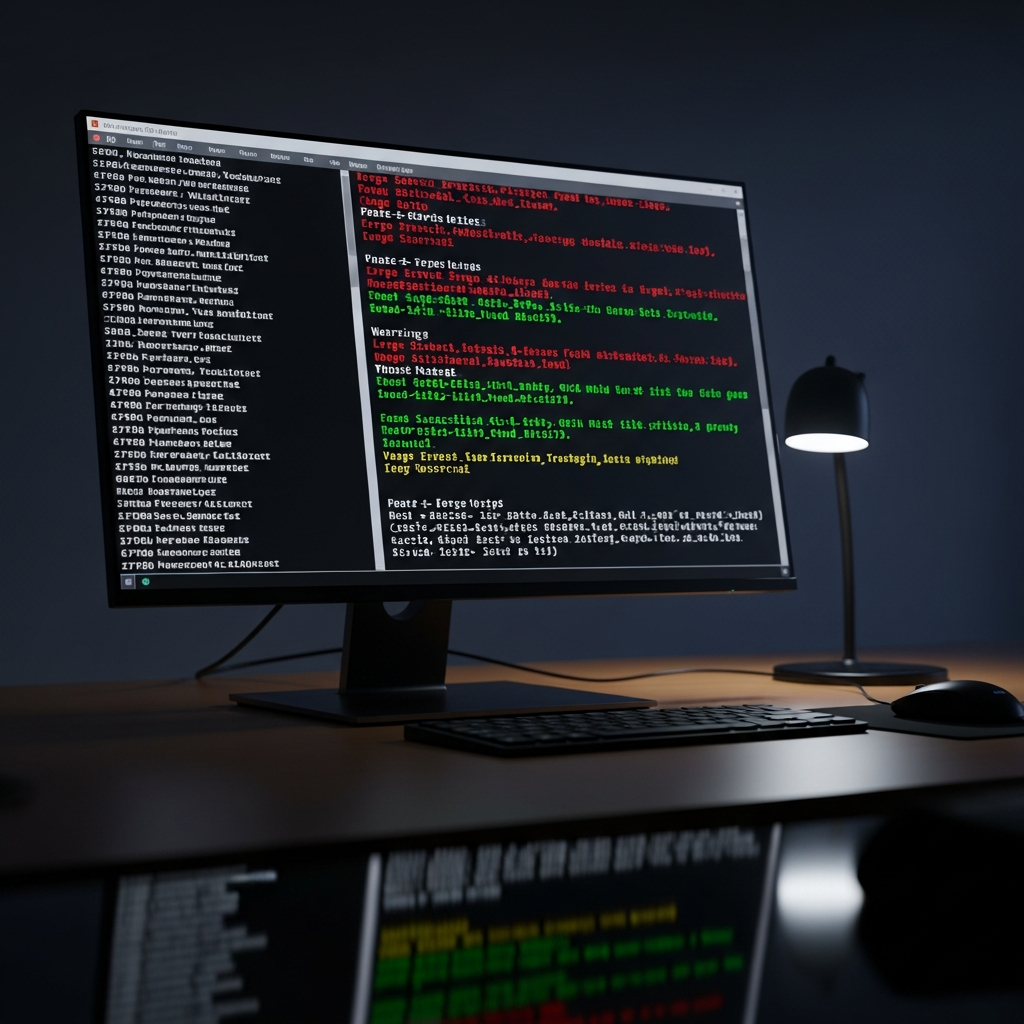 Pantalla de terminal de servidor Linux mostrando logs de Minecraft Forge con códigos de colores (rojo para errores, amarillo para advertencias), líneas de carga de mods desfilando, ambiente de administración técnica profesional, iluminación tenue de monitor en habitación oscura