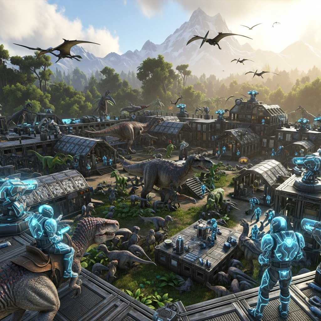 Paysage photoréaliste d'ARK Survival Evolved montrant une grande base tribale complexe avec structures métalliques, dinosaures apprivoisés, tourelles de défense et joueurs en armure Tek, illustrant la puissance nécessaire pour gérer de tels environnements