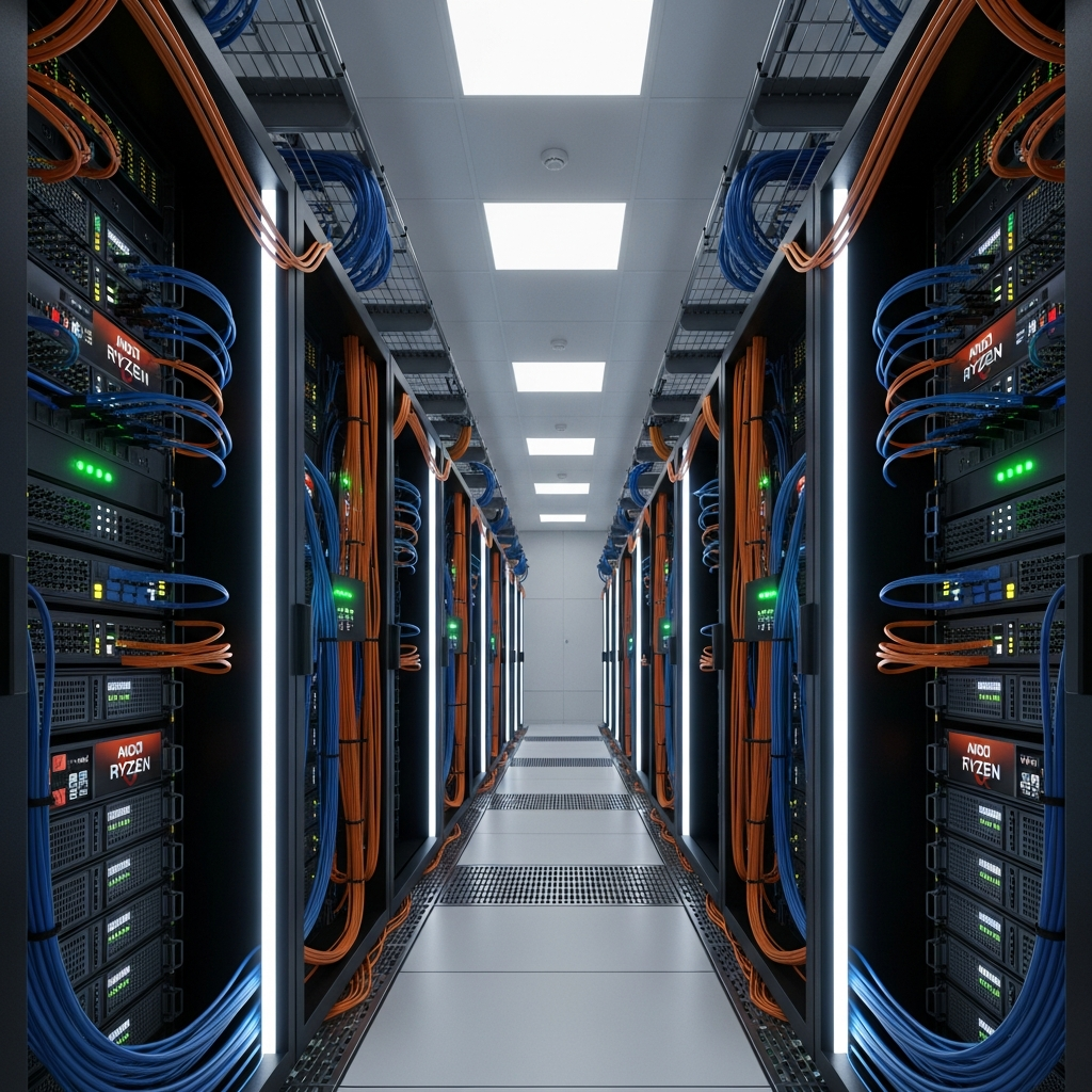 Photo photoréaliste d'une salle de serveurs professionnelle moderne avec des racks de serveurs équipés de processeurs AMD Ryzen, câblage réseau structuré bleu et orange, éclairage LED blanc froid et indicateurs lumineux verts de statut opérationnel