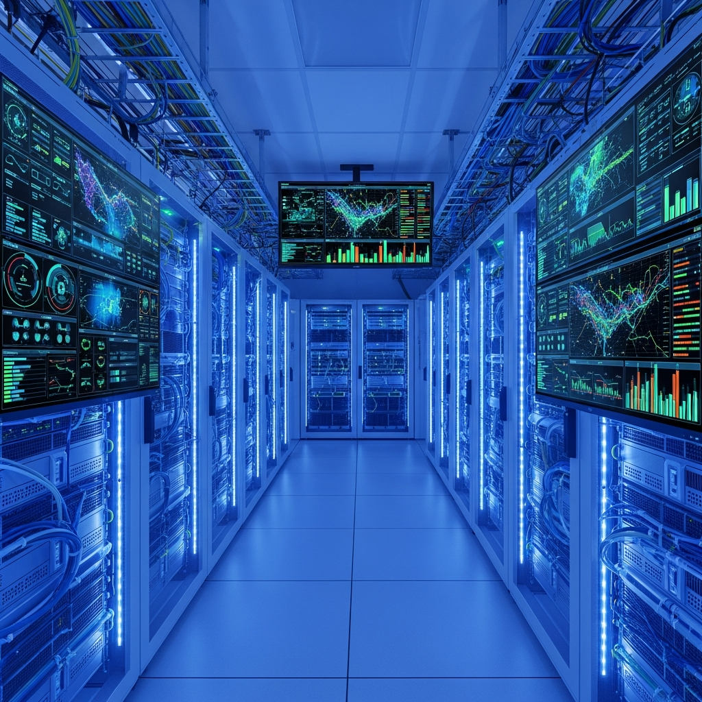 Photo photoréaliste d'une salle serveur moderne avec racks illuminés en bleu, câbles réseau organisés et écrans affichant des métriques de performance en temps réel, atmosphère high-tech et professionnelle