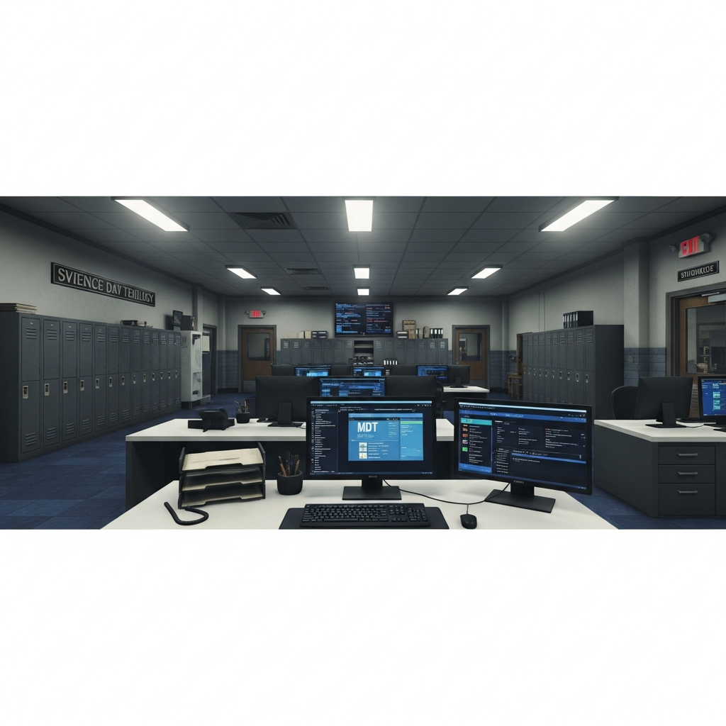 Photorealistic first-person view inside a GTA V police station interior with custom MLO mapping, detailed office desks, computer screens showing MDT interface, evidence lockers, fluorescent lighting, roleplay atmosphere