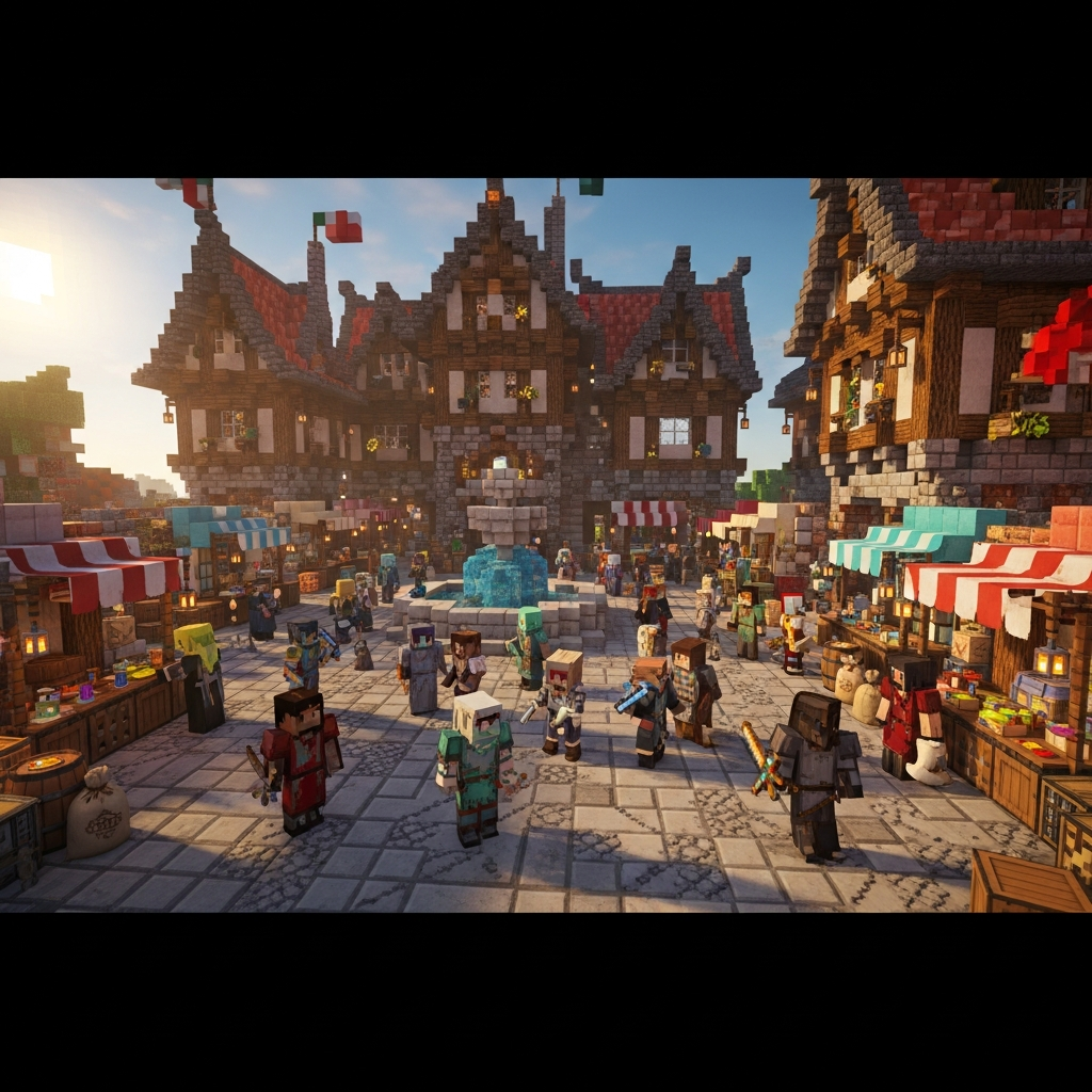 Photorealistic screenshot of a Minecraft multiplayer world with 50+ players visible in a bustling medieval marketplace, detailed player skins and complex architecture, smooth rendering showcasing zero lag on a dedicated server, golden hour lighting