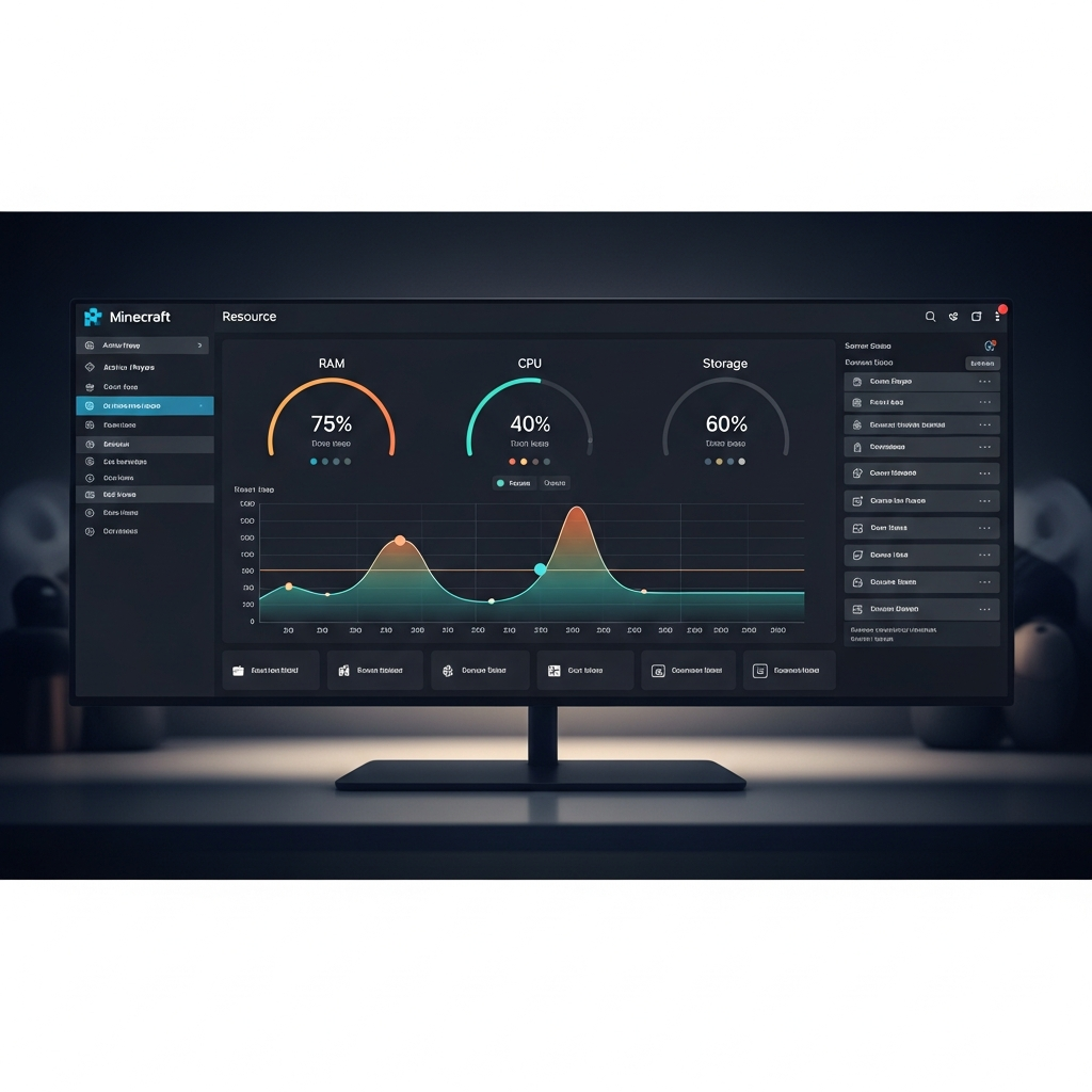 Photorealistic screenshot of a Minecraft server control panel dashboard showing resource usage graphs with RAM, CPU, and storage meters, clean modern interface with dark theme