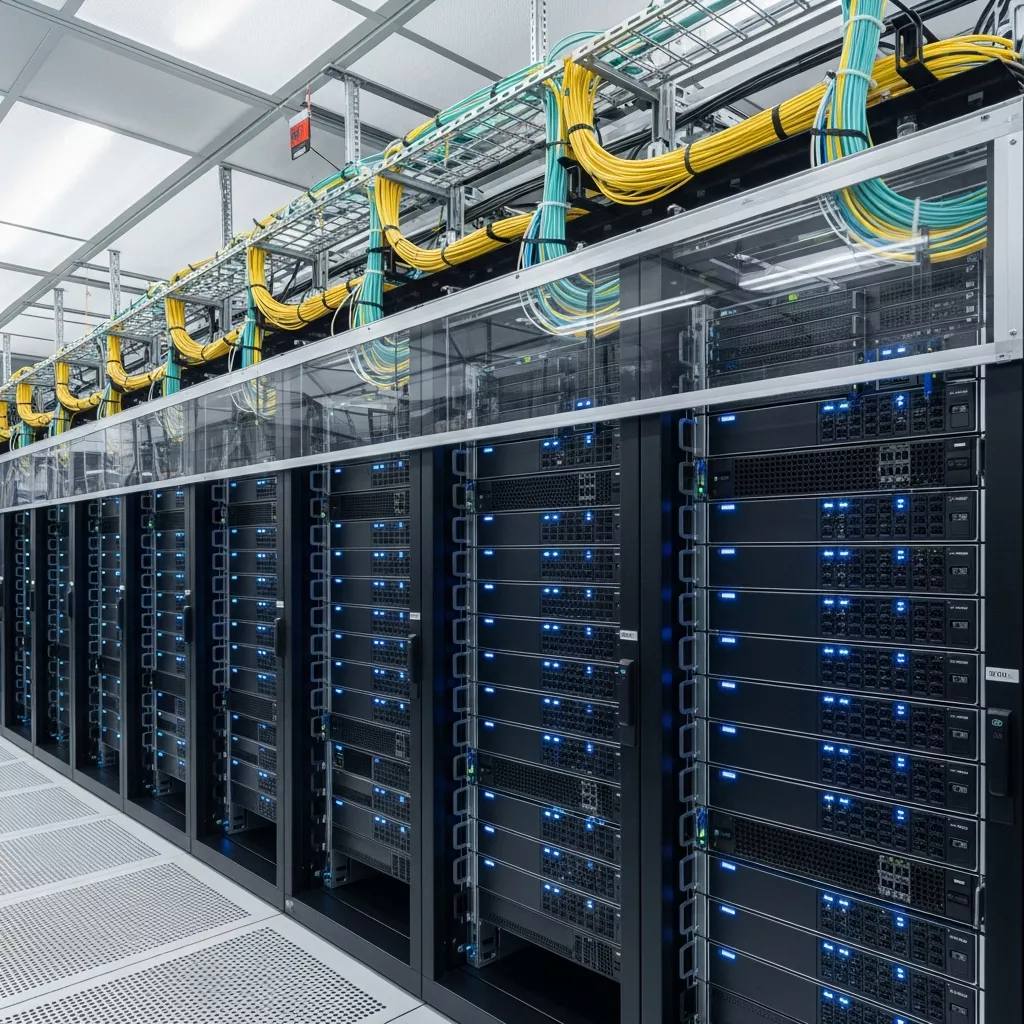 Photorealistic server rack in a modern data center, rows of black blade servers with glowing blue status LEDs, fiber optic cables neatly organized, climate-controlled environment with cold aisle containment, ultra-wide angle shot emphasizing scale and professionalism
