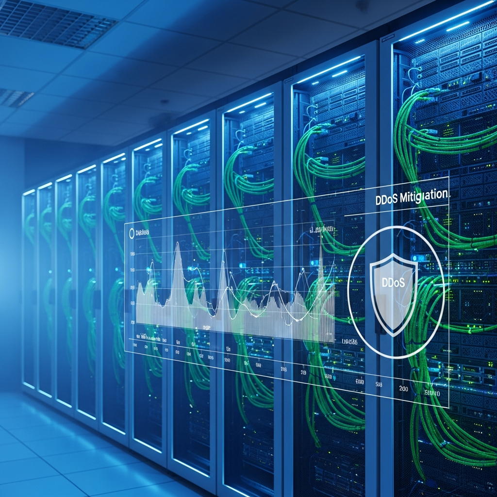 Photorealistic server room with multiple racks of blade servers, glowing green network cables connecting switches, digital overlay showing real-time network traffic graphs and DDoS mitigation shield icon, cool blue ambient lighting