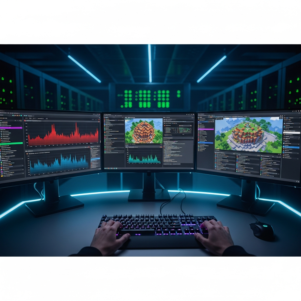 Photorealistic wide-angle view of a modern data center control room with multiple monitors displaying Minecraft server dashboards, real-time graphs showing TPS and player counts, administrator hands typing on mechanical keyboard, server status green indicators, professional lighting