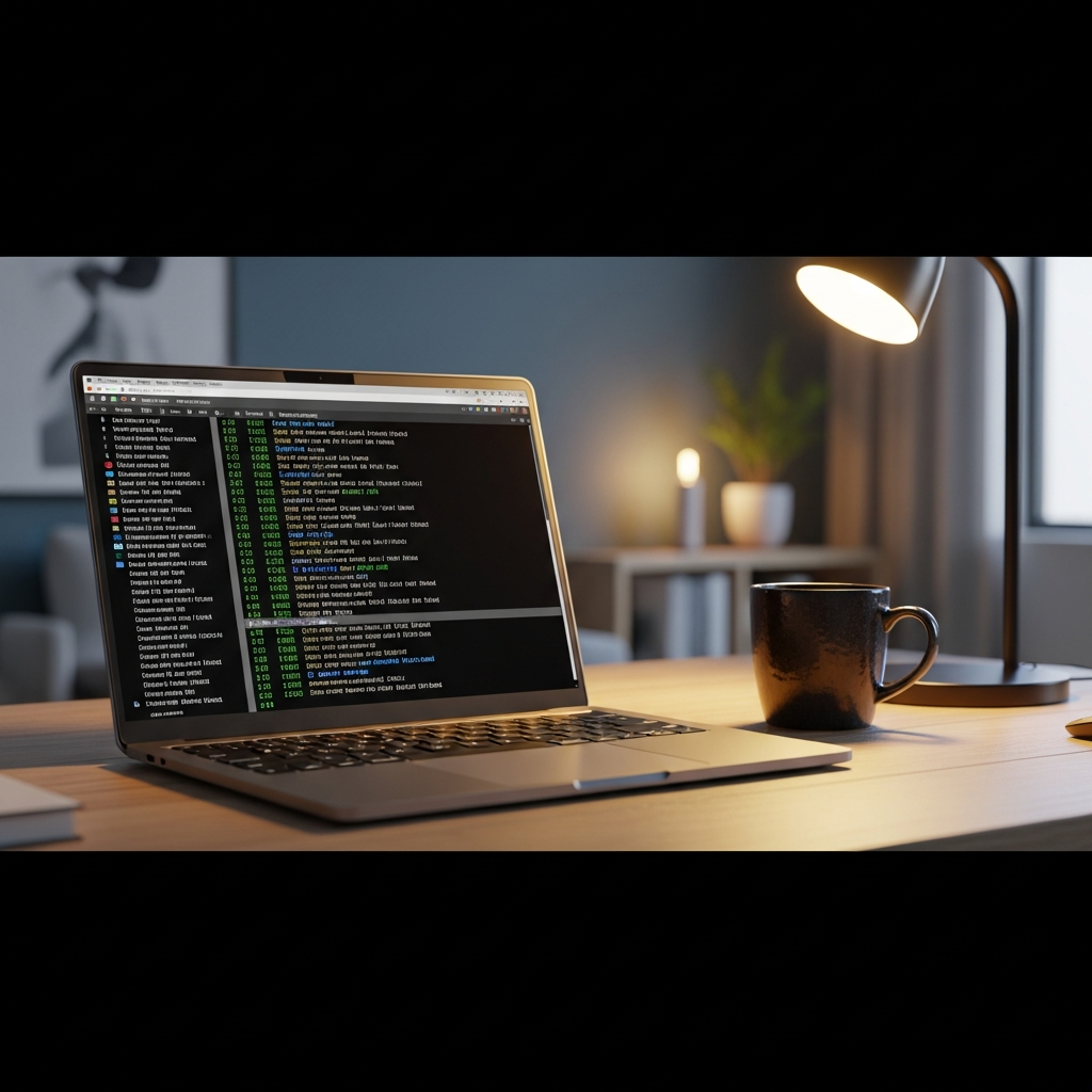 Photorealistic workspace showing a laptop displaying Linux terminal with Minecraft server console logs, coffee mug beside keyboard, warm desk lighting, professional home office environment