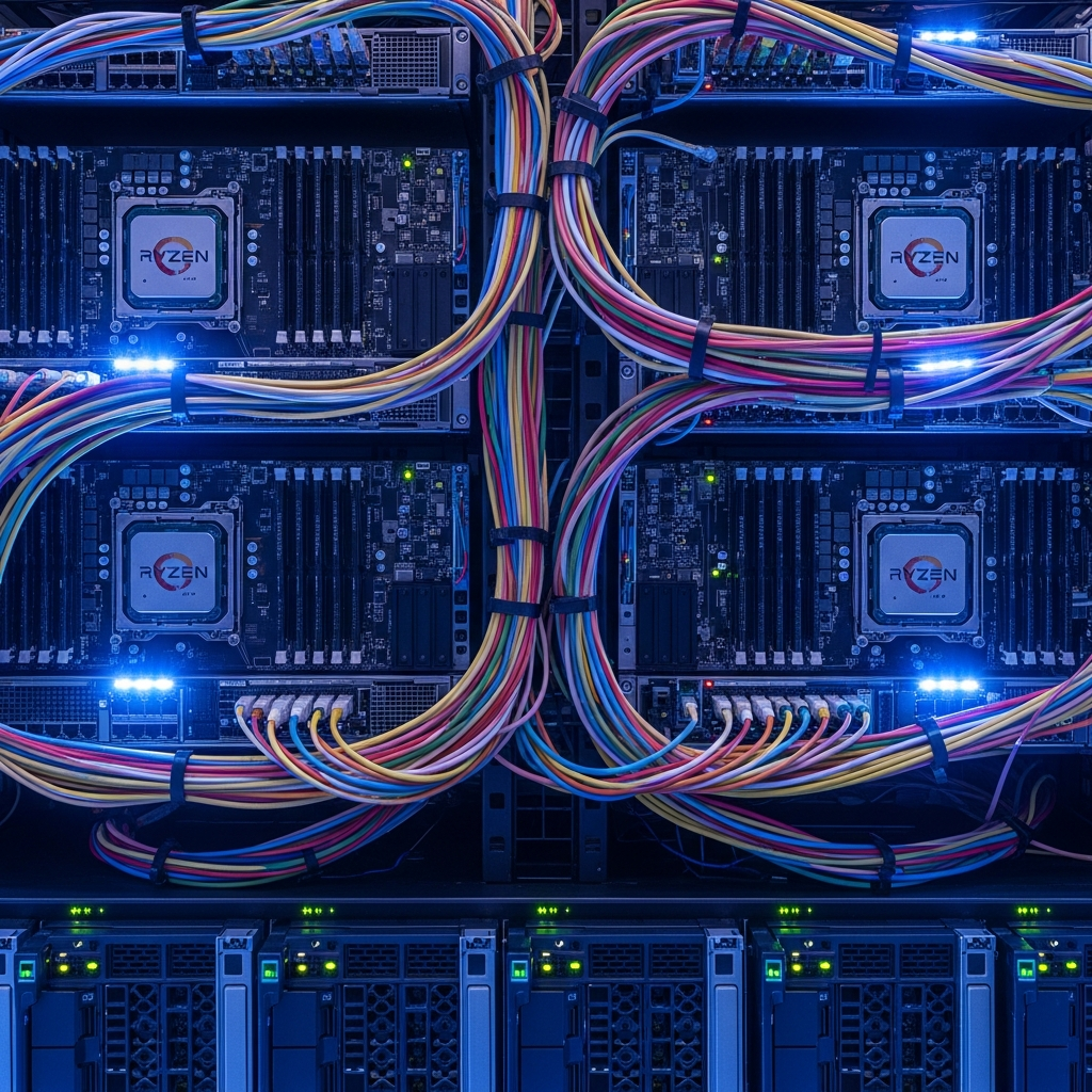Professional data center server rack with AMD Ryzen processors and DDR5 RAM modules illuminated by blue LED lighting, showcasing modern hosting infrastructure with visible network cables and storage arrays