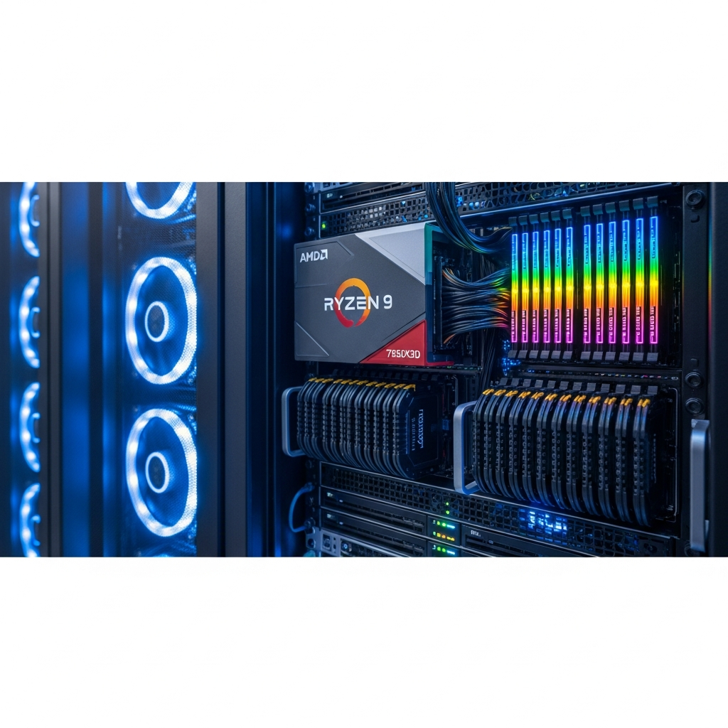 Professional server rack housing AMD Ryzen 9 7950X3D processors with RGB lighting, showing multiple NVMe SSDs and DDR5 RAM modules in a modern data center environment with blue cooling lights