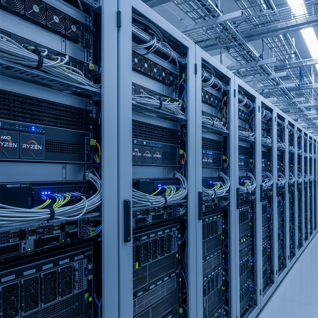 Professional server rack in a modern data center, featuring rows of high-performance AMD Ryzen servers with blue LED indicators, organized cable management, and active cooling systems, detailed photorealistic rendering showing enterprise-grade hosting infrastructure