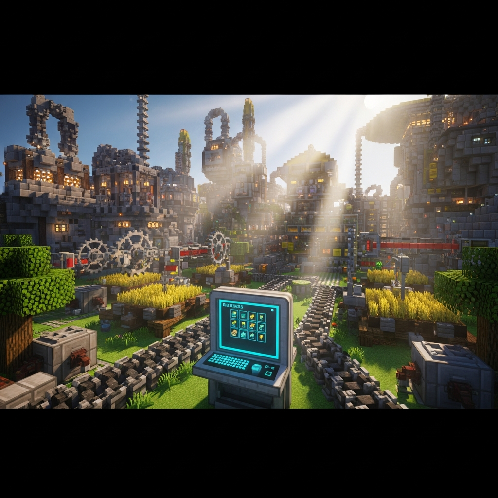 Professioneller Screenshot einer Custom Minecraft Mod-Umgebung mit industriellen Maschinen und Pipes aus dem IndustrialCraft Mod, automatisierte Farmstrukturen von Create, und einem übersichtlichen Applied Energistics 2 Terminal, alles in einer fotorealistischen Shader-Beleuchtung mit volumetrischen Lichtstrahlen