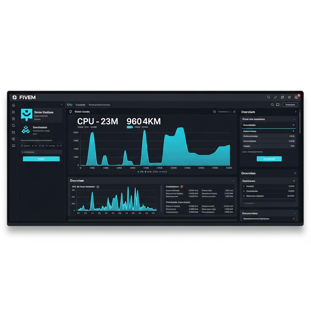Professionelles Dashboard-Interface auf einem Monitor, FiveM Control Panel mit Ressourcen-Übersicht, CPU- und RAM-Auslastung in Echtzeit-Graphen, deutsche Benutzeroberfläche, dunkles Design mit cyan-blauen Akzenten, Serverstatistiken, Screenshot-Perspektive
