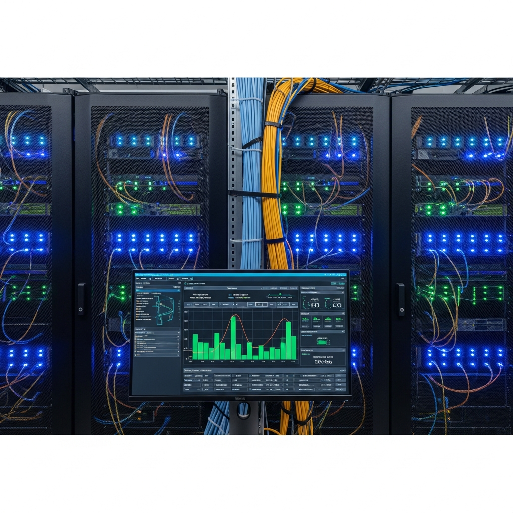 Professionelles Rechenzentrum mit Serverracks in Reihen, blaue und grüne LED-Anzeigen, im Vordergrund ein Dashboard-Monitor mit Echtzeit-Netzwerk-Überwachungsgrafiken und Sicherheitsmetriken für Minecraft-Server, moderne Glasfaser-Verkabelung sichtbar