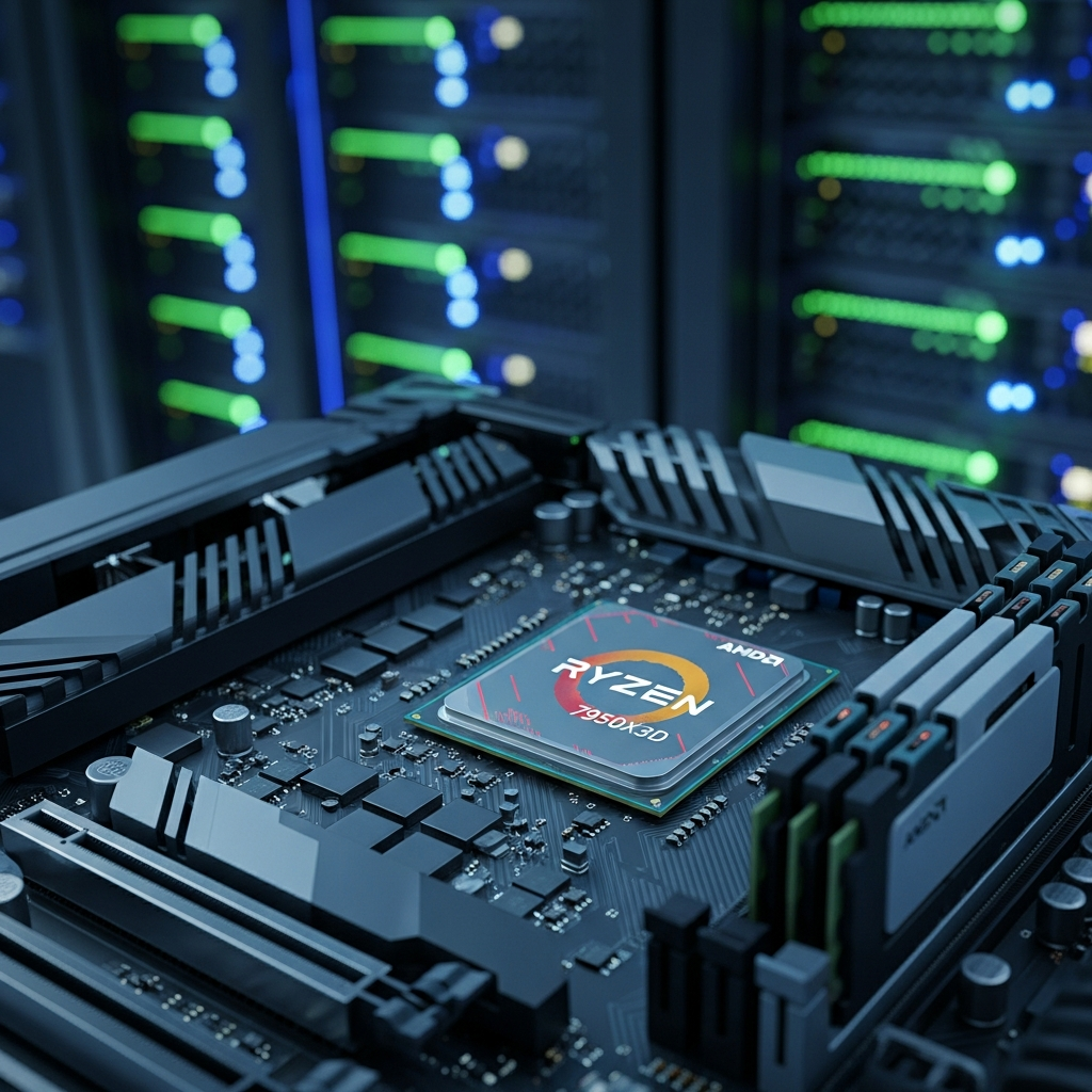Professionelles Rechenzentrum mit modernen Server-Racks, Nahaufnahme eines AMD Ryzen 9 7950X3D Prozessors auf einem Mainboard mit DDR5-Modulen, LED-beleuchtete Gaming-Server-Hardware, fotorealistische Darstellung mit Tiefenschärfe und technischen Details