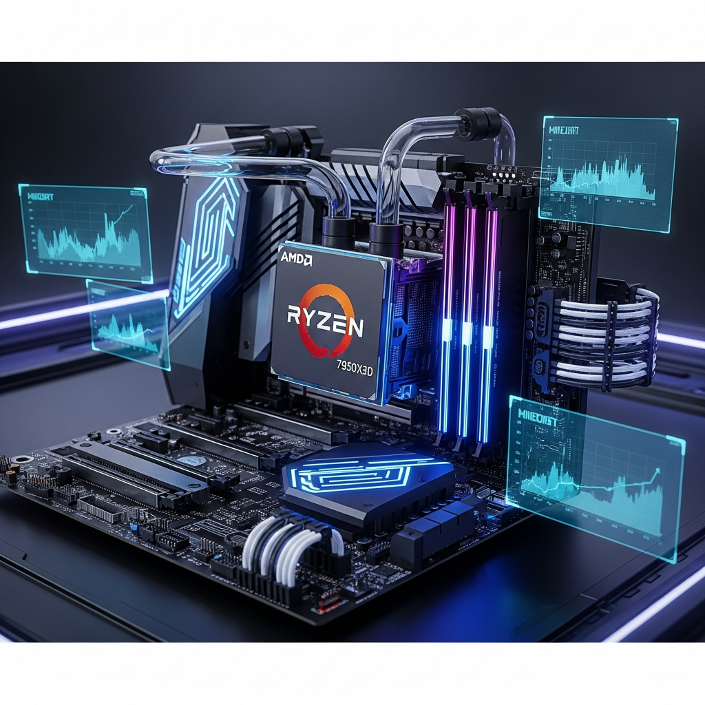 Render 3D fotorrealista de un procesador AMD Ryzen 9 7950X3D montado en una placa base gaming de alta gama, iluminación RGB azul y violeta, refrigeración líquida visible, ambiente tecnológico futurista con gráficas de rendimiento de Minecraft flotando en hologramas