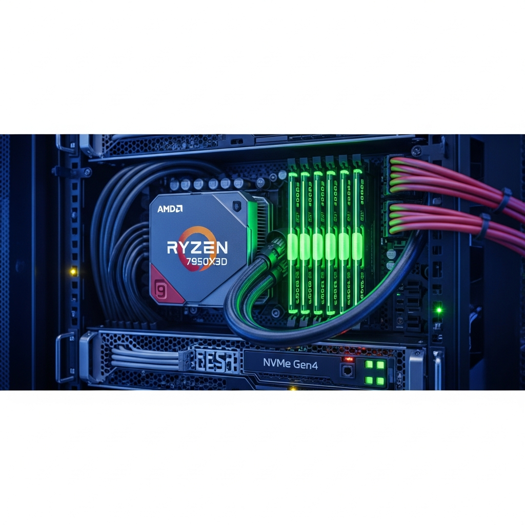 Renderizado técnico de un servidor rack profesional con procesador AMD Ryzen 9 7950X3D visible con disipador de calor avanzado, módulos de RAM DDR5 iluminados en verde, SSD NVMe Gen4 destacado, cables de red organizados y luces de actividad parpadeando, en un centro de datos moderno con ambiente azulado