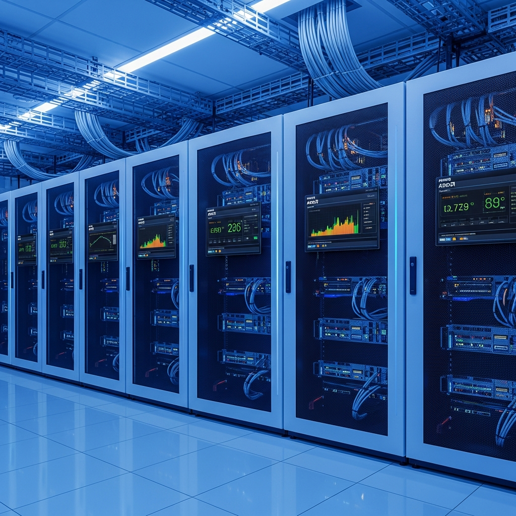 Sala de servidores moderna con racks de hardware AMD Ryzen 9 iluminados en tonos azules, cables de red organizados en canaletas, pantallas LED mostrando métricas de rendimiento en tiempo real, ambiente técnico profesional y futurista
