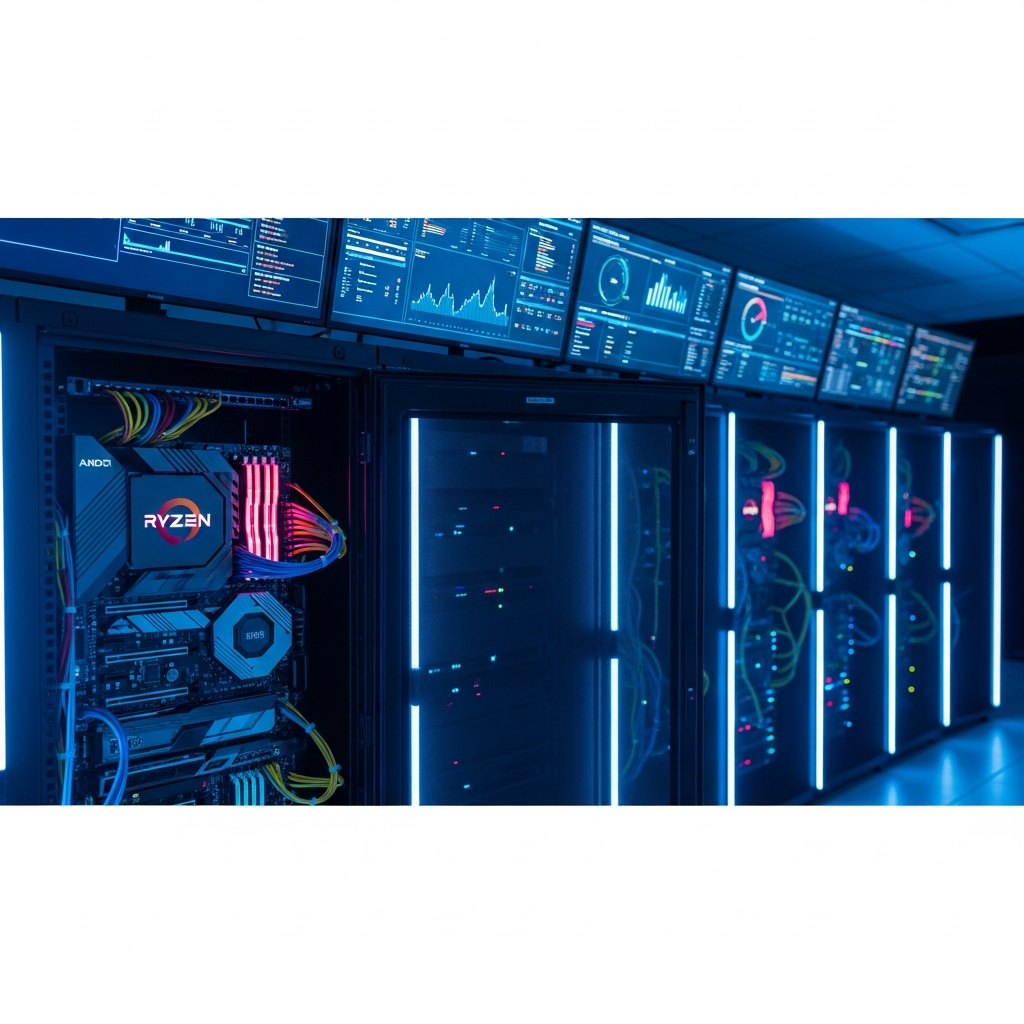 Sala de servidores moderna con racks iluminados en azul neón, primer plano de procesadores AMD Ryzen 9 instalados en placas base de alto rendimiento, cables de red organizados, ambiente tecnológico profesional con pantallas mostrando métricas de rendimiento en tiempo real