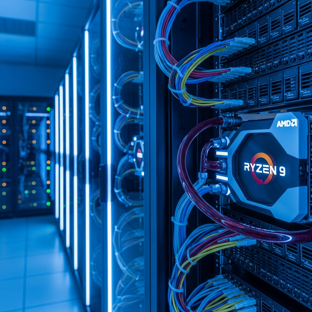 Sala de servidores moderna con racks iluminados en azul neón, close-up de procesadores AMD Ryzen 9 con disipadores personalizados, cables de red organizados, ambiente tecnológico profesional, iluminación fría tipo datacenter