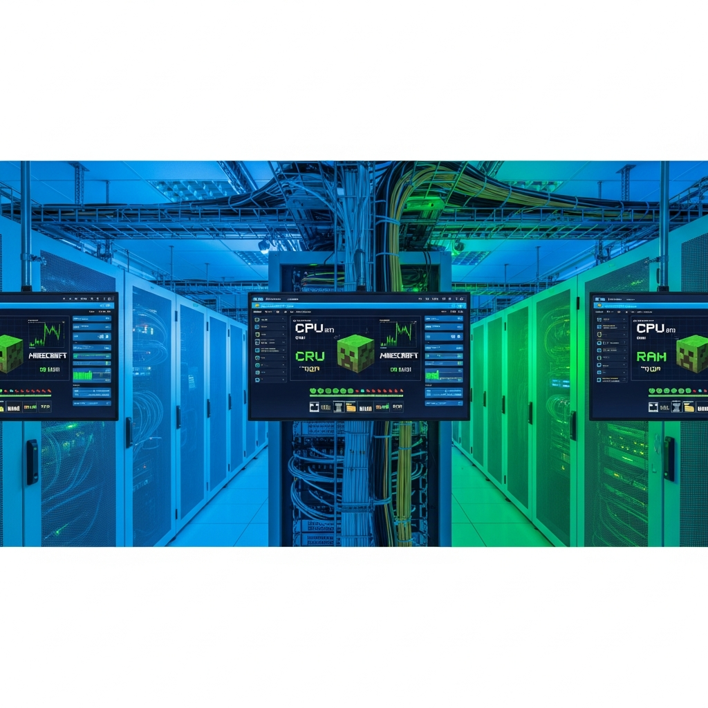 Sala de servidores moderna con racks iluminados en azul y verde, pantallas mostrando dashboards de monitoreo de Minecraft con gráficos de CPU y RAM, ambiente tecnológico y profesional con cables de fibra óptica organizados
