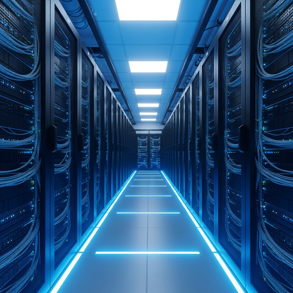 Sala de servidores moderna con racks negros iluminados con luz azul, cables de red organizados, ambiente tecnológico profesional, perspectiva frontal con profundidad de campo, estilo fotorrealista datacenter