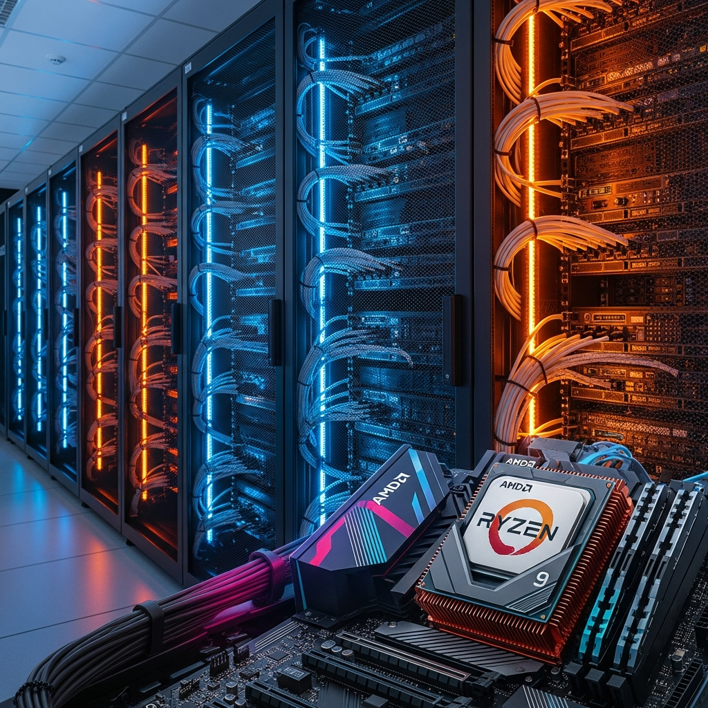 Sala de servidores profesional con racks iluminados en azul y naranja, cables de red organizados con gestión vertical, primer plano de un procesador AMD Ryzen 9 con disipador de calor de cobre pulido reflejando LEDs RGB, ambiente fotorrealista de datacenter moderno